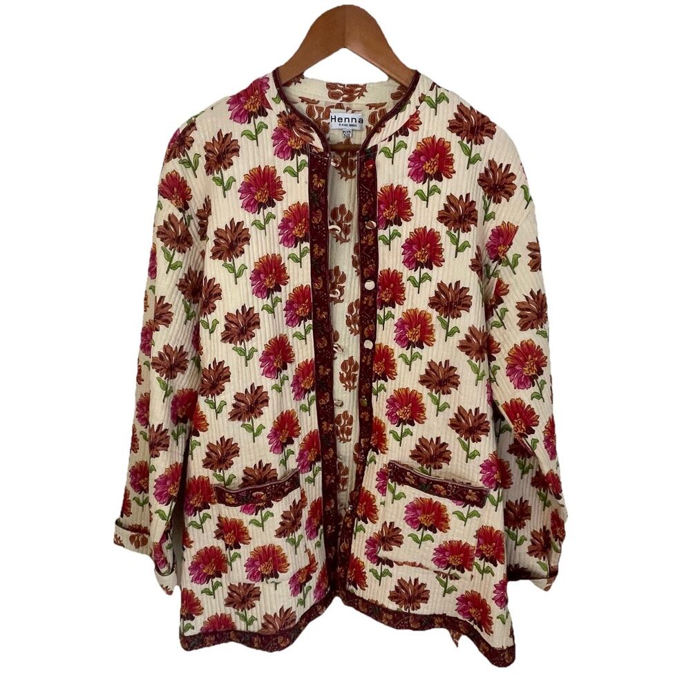 VTG 90s Women's Floral Print Boho Quilted Cotton Jacket Multicolor Indian 2XL